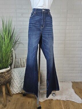 Kancan High Rise Dark Blue Flare Leg Jeans Distressed Size 13/30